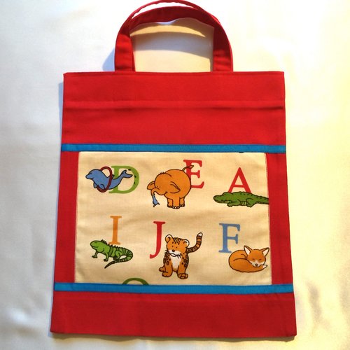 Sac bibliothèque rouge pour enfant , sac à doudous, sac multifonctions pour enfants, thème" les lettres de l'alphabet"