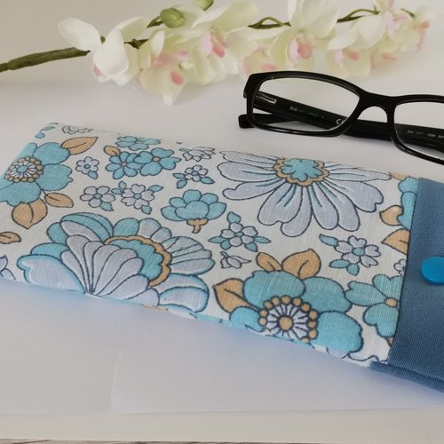 Etui à lunette tissus bleu et à motif fleurs