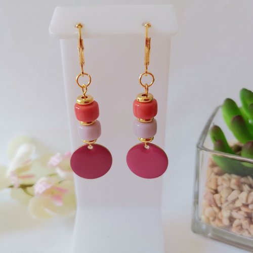 Boucles d'oreilles pendentif émail prune et perles en verre colonne bicolore