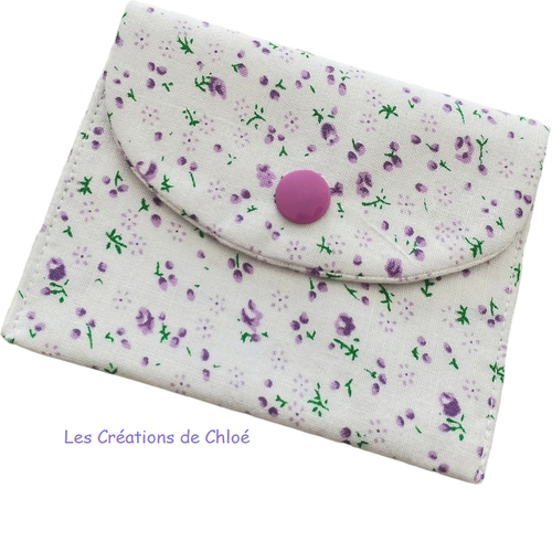 Porte carte ou monnaies tissus coton blanc fleurs violettes