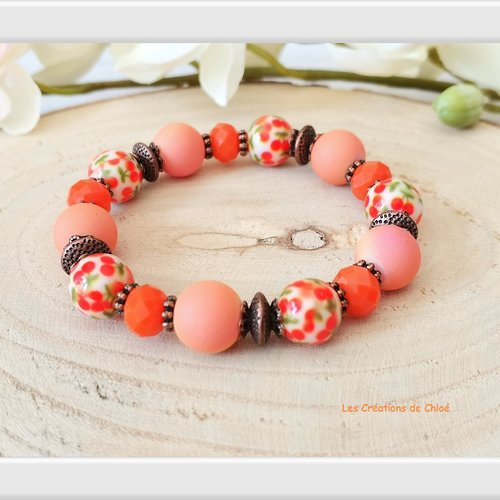 Bracelet fil élastique perles en verre orange - Un grand marché