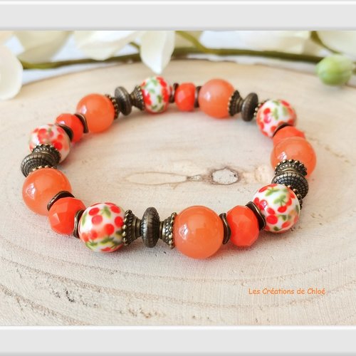 Bracelet fil élastique perles oranges