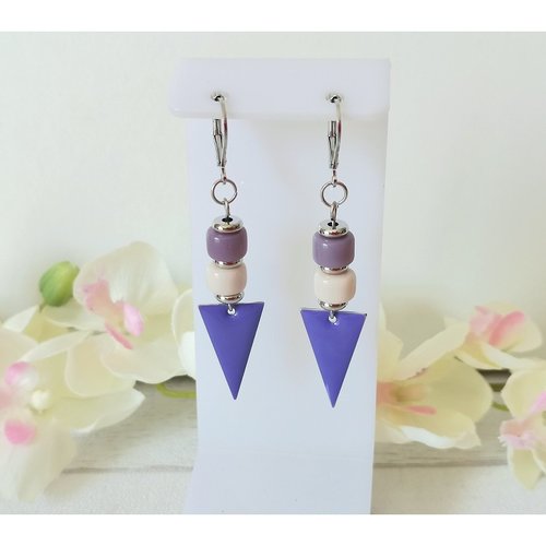 Boucles d'oreilles pendentif triangle argent mat et violet