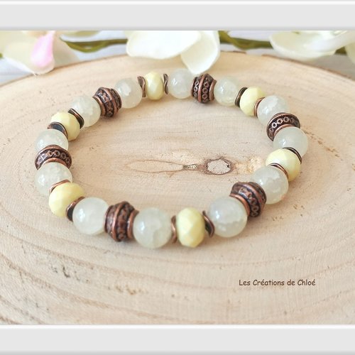 Bracelet fil élastique perles en verre beige et jaune pale
