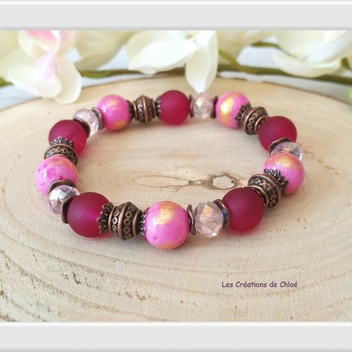 Bracelet perles jade rose et verre violette