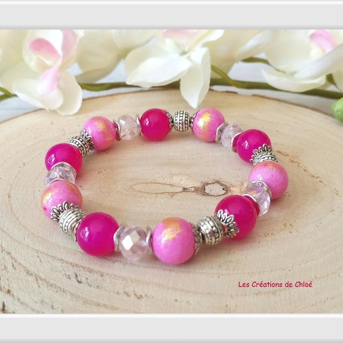 Bracelet perles jade rose et verre violet