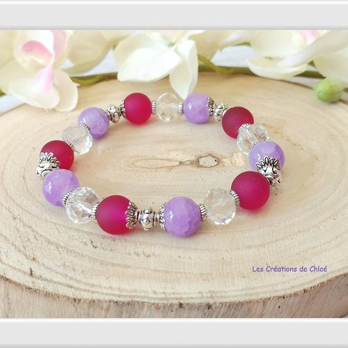 Bracelet fil élastique perles en verre mauve, violet et cristal