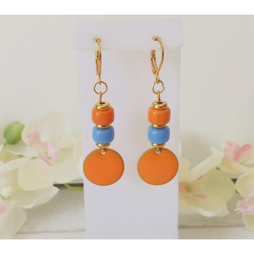 Boucles d'oreilles pendentif émail orange et perles en verre colonne bicolore