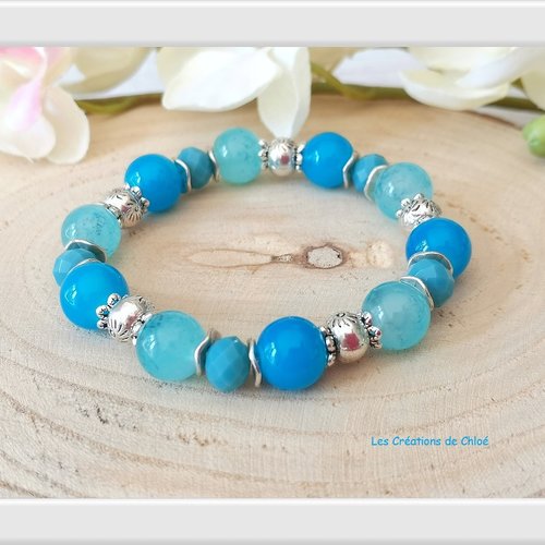 Bracelet fil élastique perles jade bleue