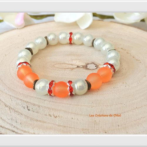 Bracelet fil élastique perles en verre beige et orange