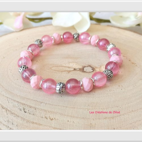 Bracelet perles en verre et à facette rose