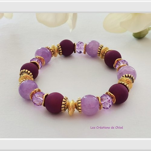 Bracelet fil élastique perles en verre ton mauve et violet
