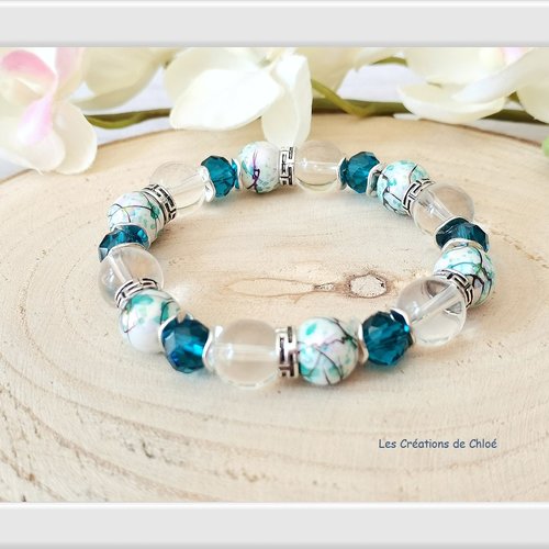Bracelet fil élastique perles turquoise et transparentes