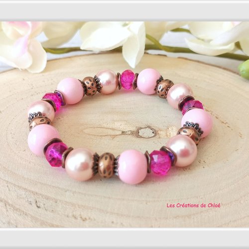 Bracelet perles en verre rose et fuchsia