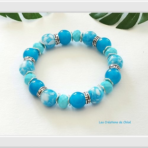 Bracelet fil élastique perles en verre ton bleu