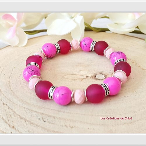 Bracelet fil élastique perles en verre rose et bordeaux