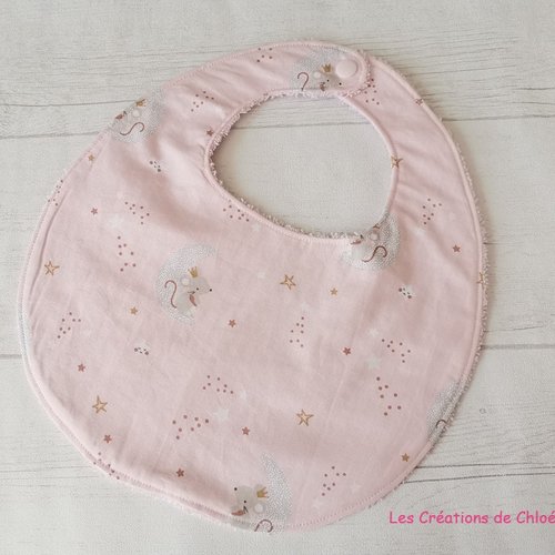 Bavoir bébé coton motif souris et éponge rose