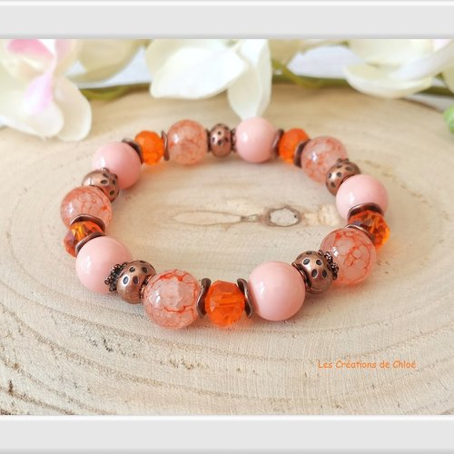 Bracelet perles en verre rose et orange