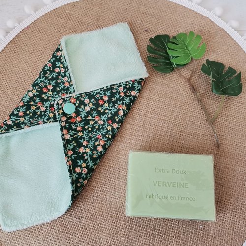 Pochette à savon tissus éponge bambou vert et coton motifs