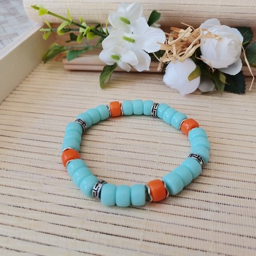 Bracelet fil élastique perles en verre bleu et orange