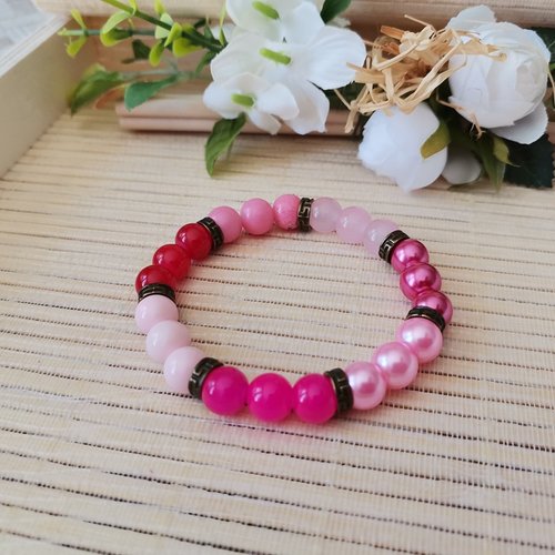 Bracelet fil élastique perles en verre rose, rouge et fuchsia