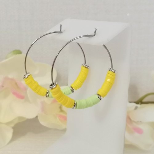 Boucles d'oreilles créoles acier inoxydable et perles heishi