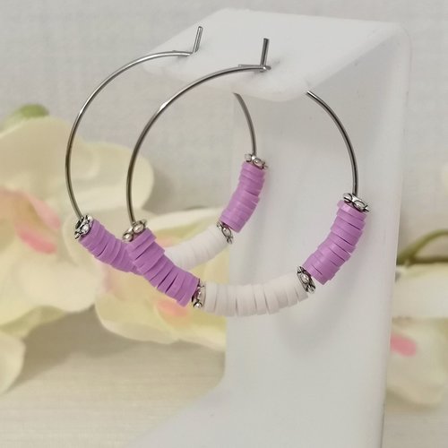 Boucles d'oreilles créoles acier inoxydable et perles heishi