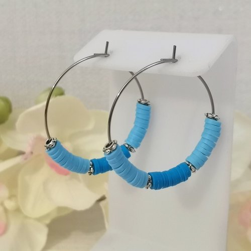 Boucles d'oreilles créoles acier inoxydable et perles heishi