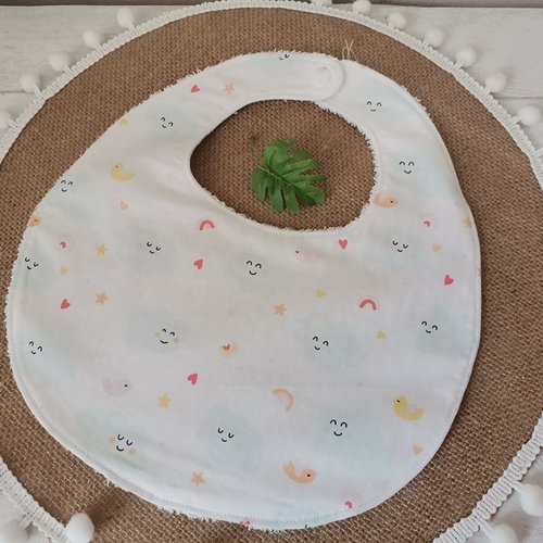 Bavoir bébé coton motif nuages et tissu éponge blanc