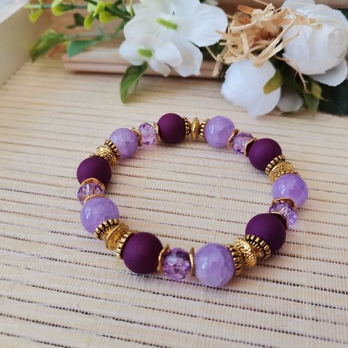 Bracelet fil élastique perles en verre ton mauve et violet