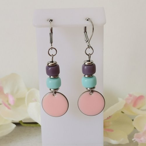 Boucles d'oreilles acier inoxydable et sequin émail rose