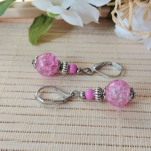 Boucles d'oreilles rose et argent mat