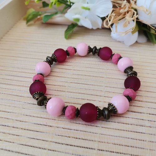 Bracelet perles en verre rose et prune