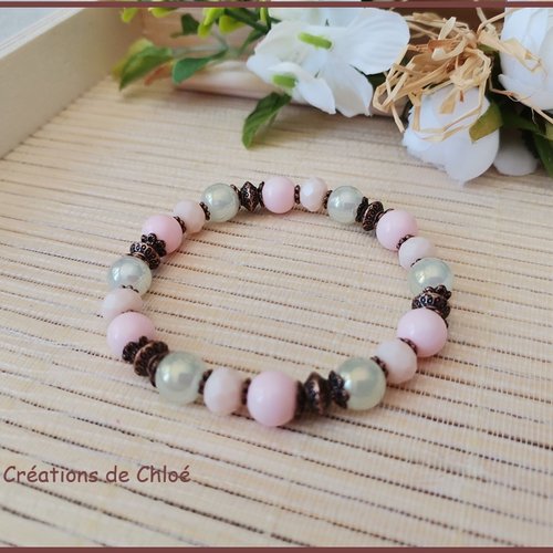 Bracelet perles en verre beige et rose