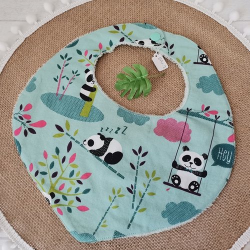 Bavoirs bébé coton vert motifs panda et éponge bambou