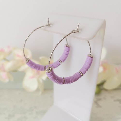 Boucles d'oreilles créoles acier inoxydable ciselé et perles heishi