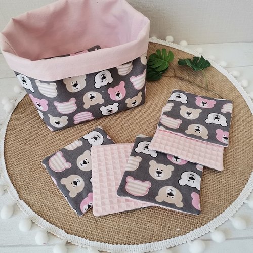 Panier et 12 lingettes bébé roses et grises