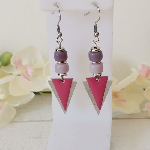 Boucles d'oreilles crochets acier inoxydable et perles mauve et violet