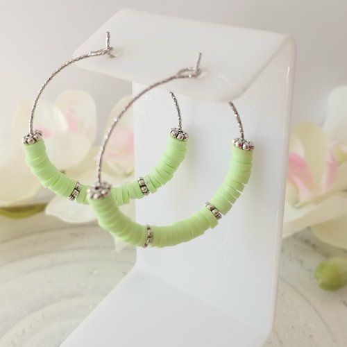Boucles d'oreilles créoles acier inoxydable ciselé et perles heishi