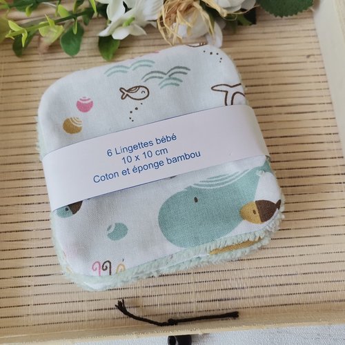 Lot de 6 lingettes lavables pour bébé coton et éponge bambou