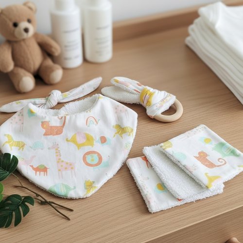 Ensemble naissance bavoir, hochet et 8 lingettes