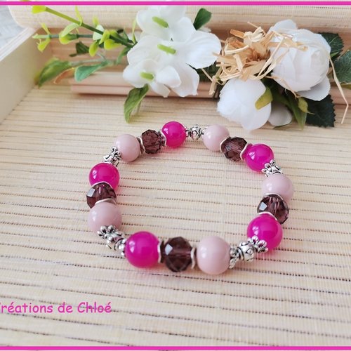 Bracelet fil élastique perles fuchsia et violette