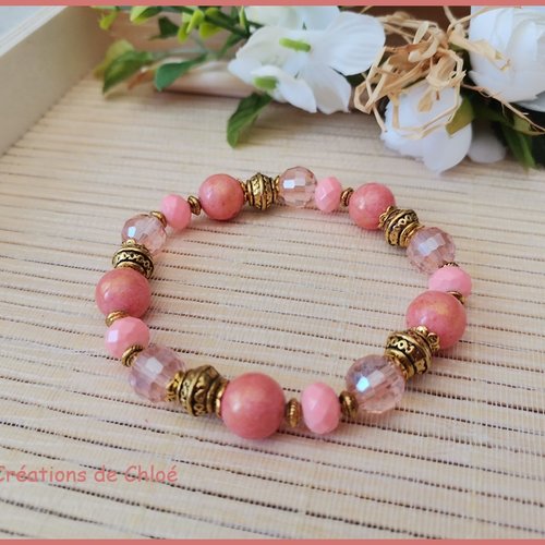 Bracelet fil élastique perles verre laqué et jade saumon