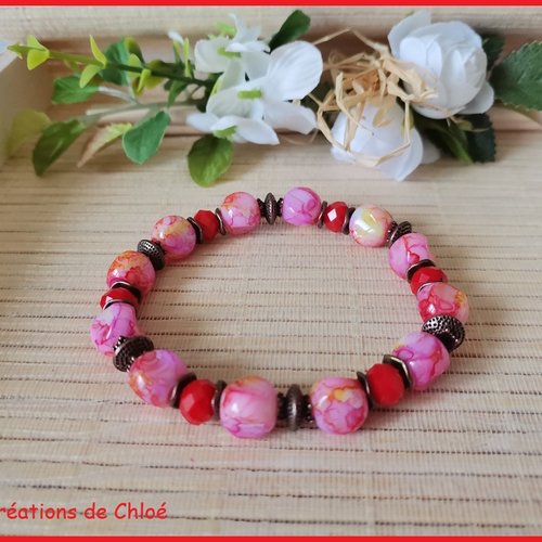 Bracelet fil élastique perles en verre rose et rouge