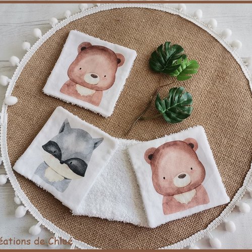 Lot de 4 lingettes bébé coton imprimé animaux