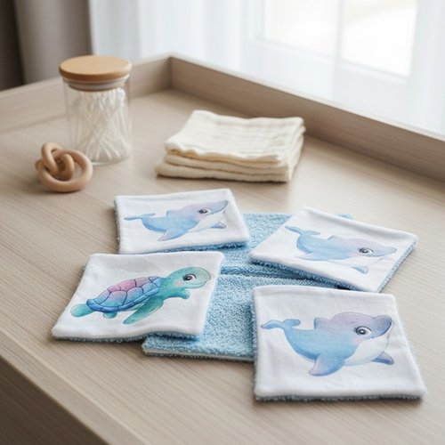 Lot de 4 lingettes bébé coton imprimé animaux