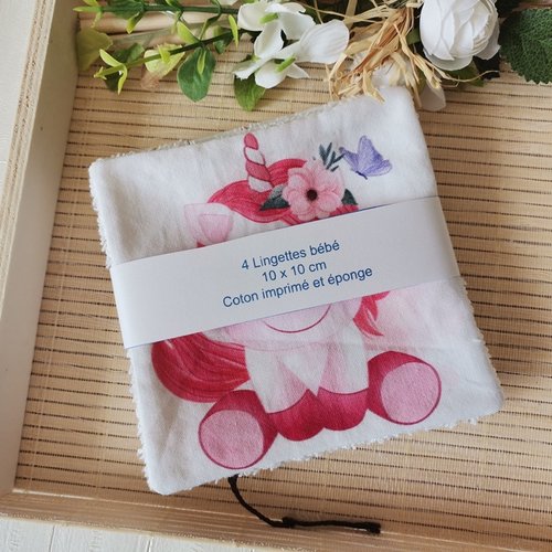 Lot de 4 lingettes bébé coton imprimé animaux