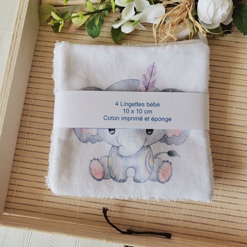 Lot de 4 lingettes bébé coton imprimé animaux