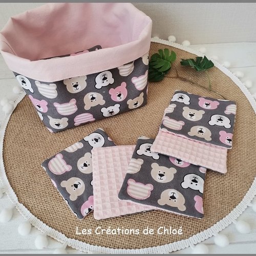 Panier et 12 lingettes bébé roses et grises