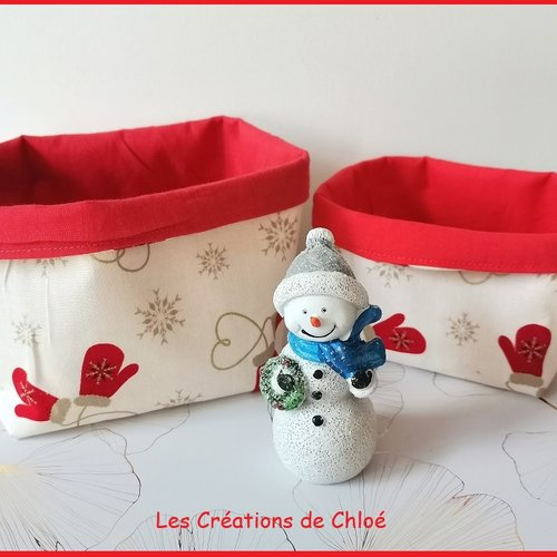 Lot de 2 petits paniers tissus motif noël beige et rouge